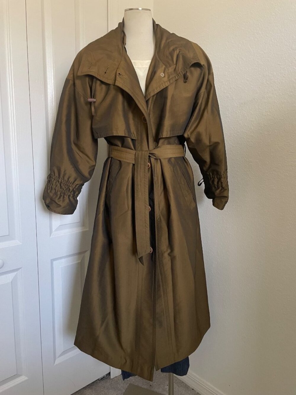 Vintage 80s/90s Nuko Collection Iridescent Bronze Khaki Funnel Neck Trench Coat